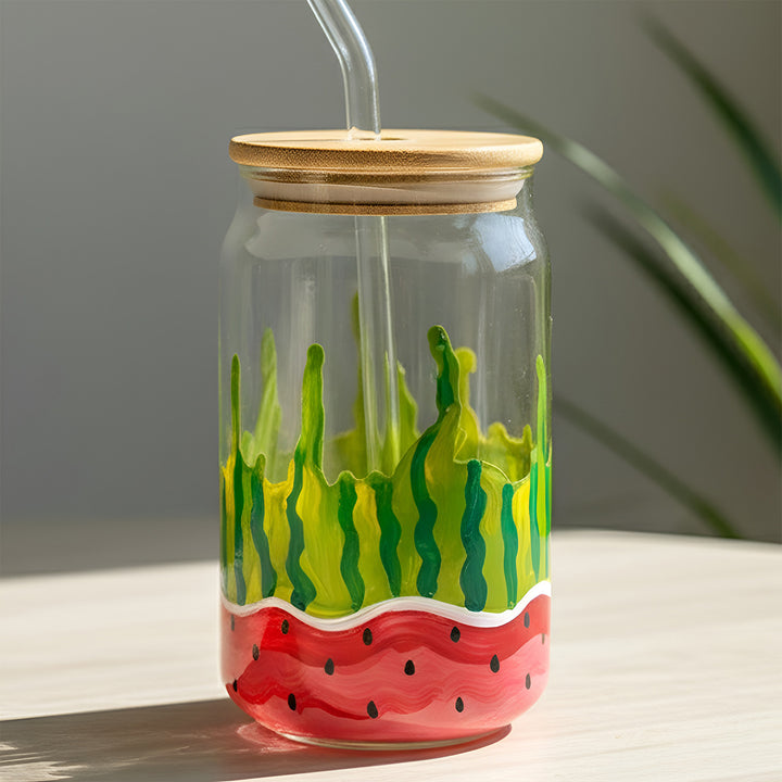 Hand-Painted Melon Mood Glass Tumbler With Straw