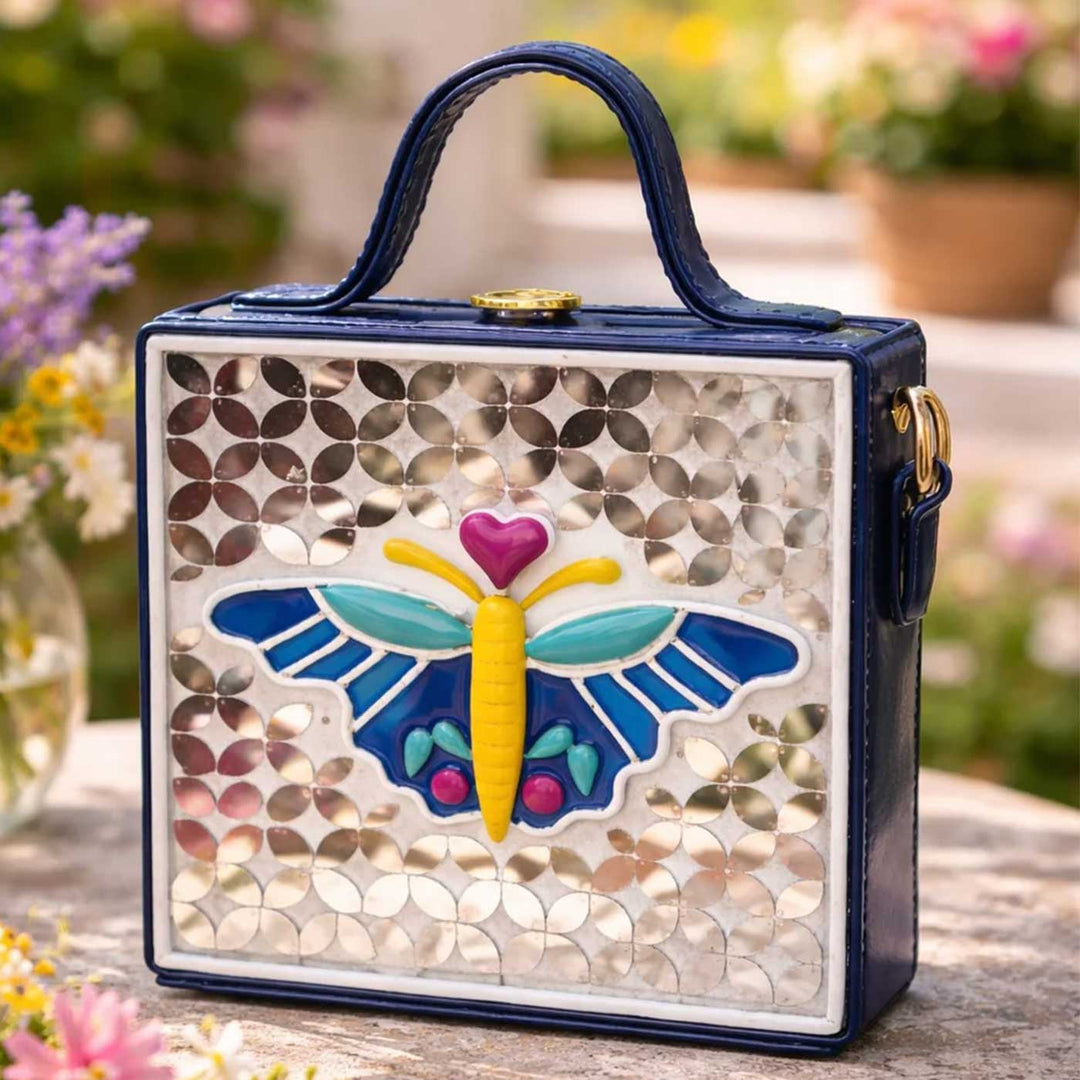 Handcrafted Mini Butterfly Lippan Art Square Box Bag