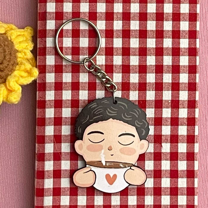 Printed Hand-Illustrated Coffee Lover MDF Wood Key Chain/Bag Charm