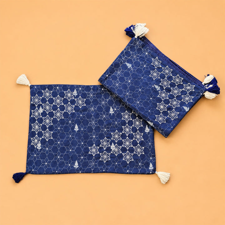 Handcrafted Blue Hand Kantha Jamdani Table Linen Gift Hamper With Runner And Table Mats For Festive Gifting