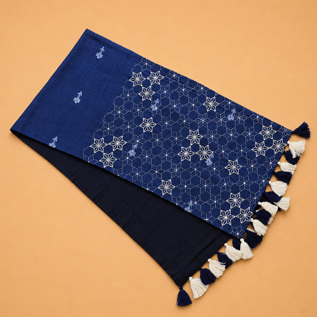 Handcrafted Blue Hand Kantha Jamdani Table Linen Gift Hamper With Runner And Table Mats For Festive Gifting