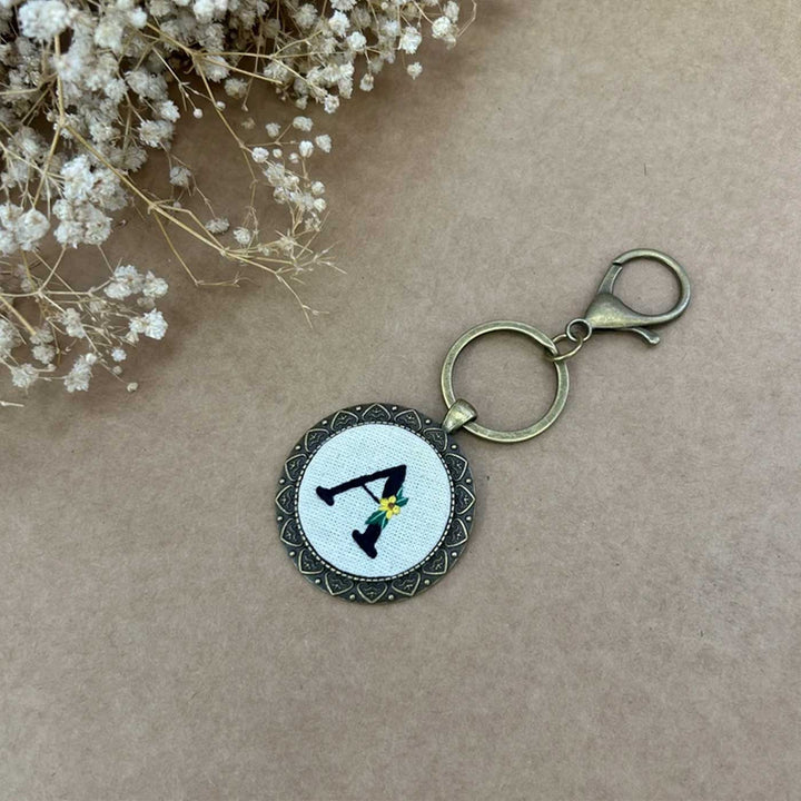 Personalized Handmade Embroidered Monogram And Flowers Metal Keychain