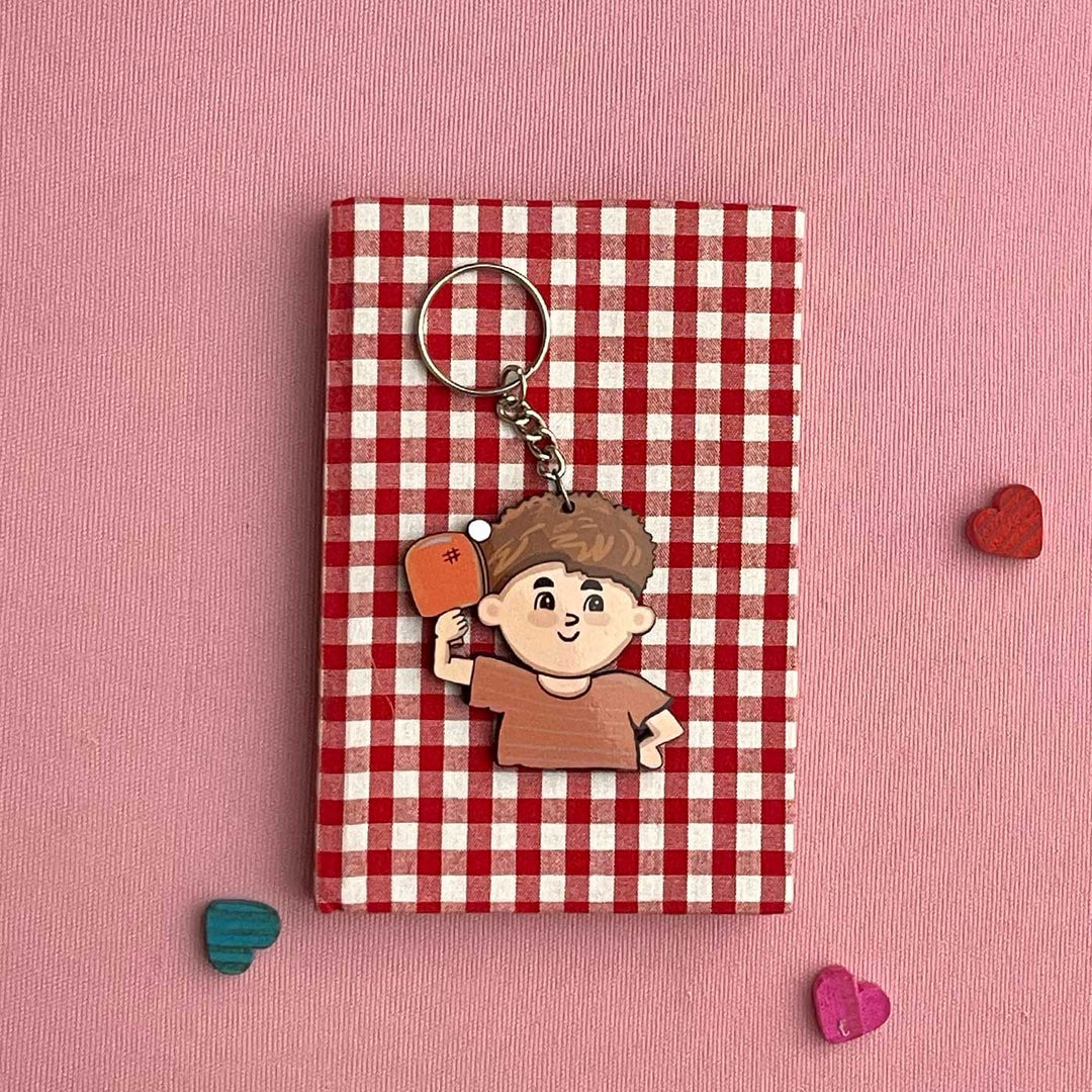 Printed Hand-Illustrated Pickle Ball Player MDF Wood Key Chain/Bag Charm