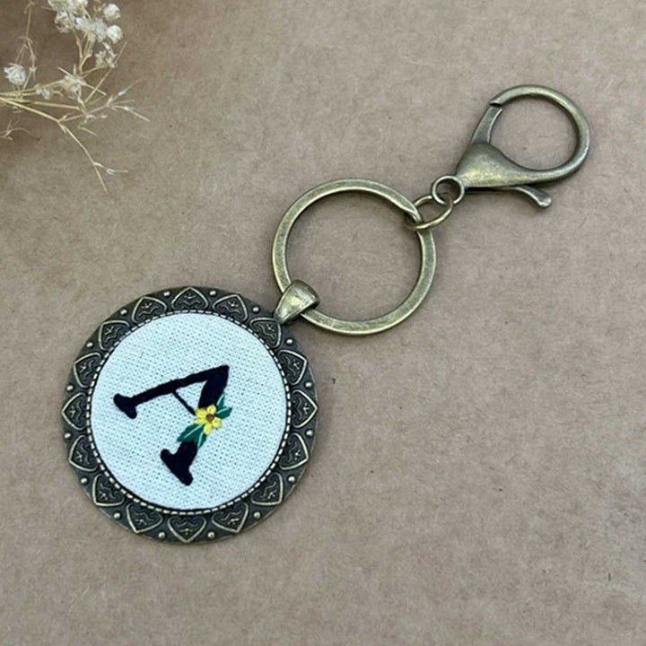 Personalized Handmade Embroidered Monogram And Flowers Metal Keychain