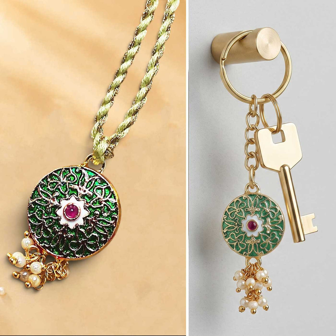 Handmade Meenakari Green Buta Brass Bhaiya Bhabhi Rakhi With Roli Chawal