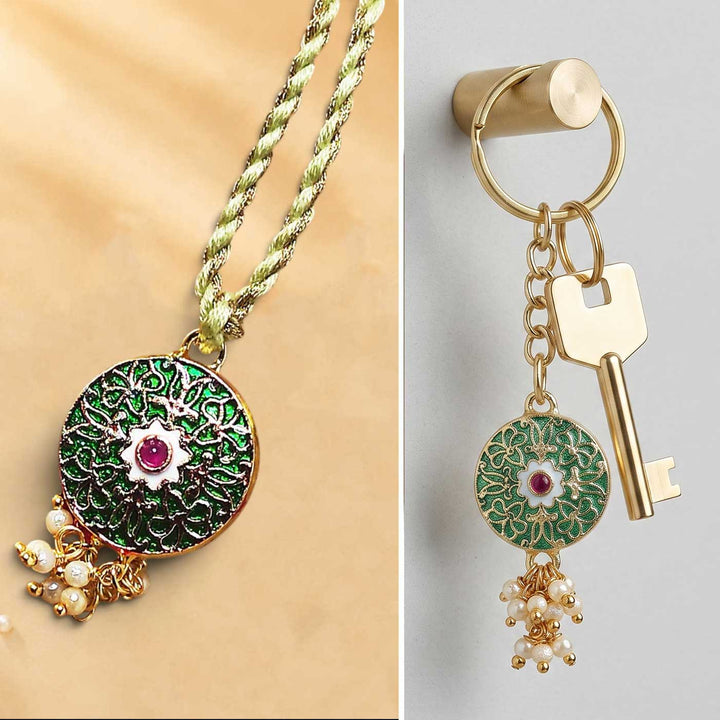 Handmade Meenakari Green Buta Brass Bhaiya Bhabhi Rakhi With Roli Chawal
