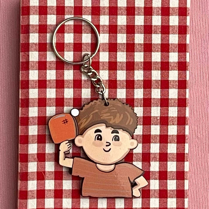 Printed Hand-Illustrated Pickle Ball Player MDF Wood Key Chain/Bag Charm