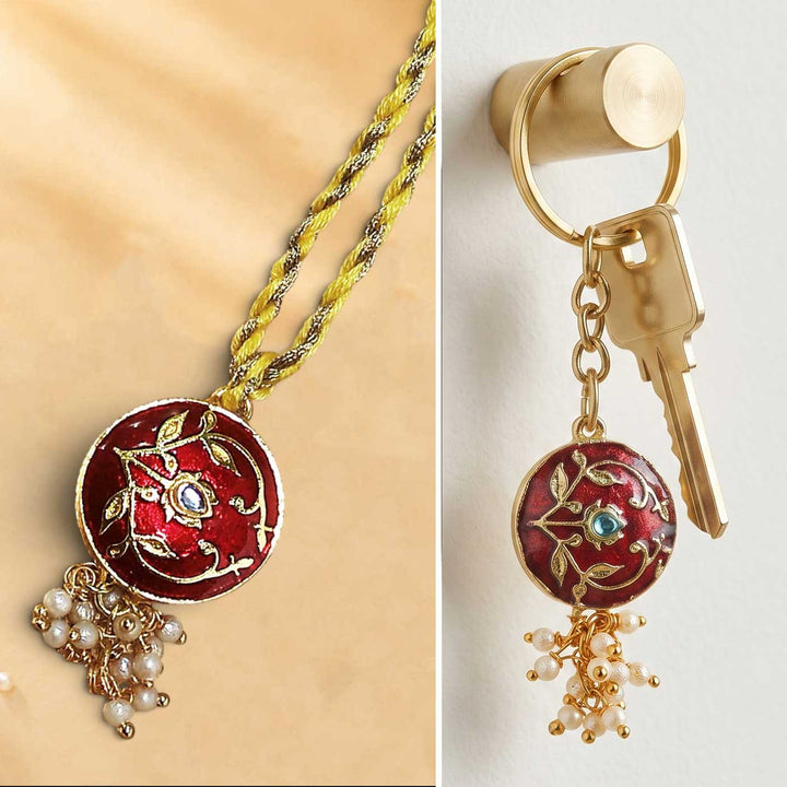 Handmade Meenakari Red Buta Brass Bhaiya Bhabhi Rakhi With Roli Chawal