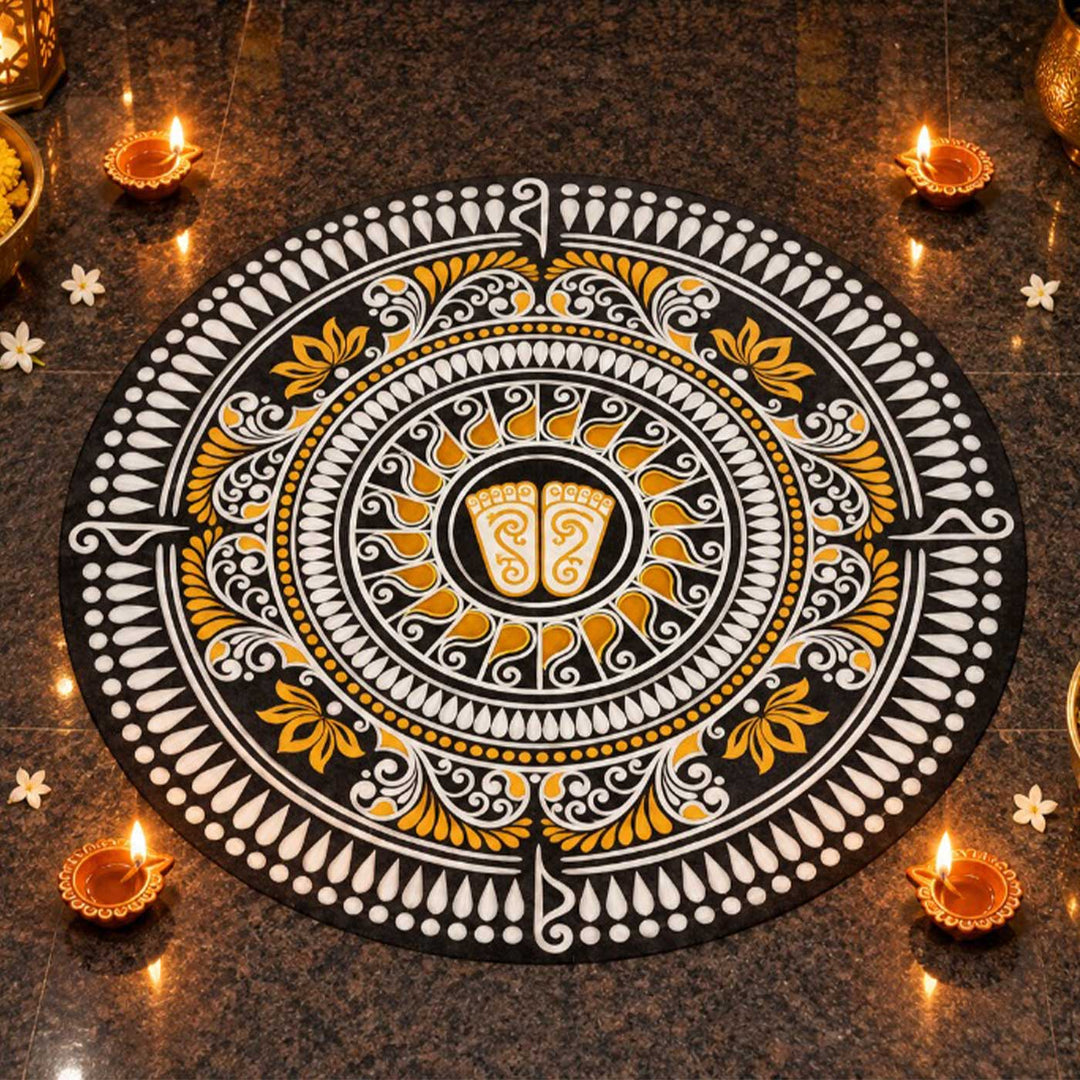 2 Ft Foldable Fabric Reusable Rangoli Mat | Handmade Iraya Circle Kolam | Canvas, Anti-skid, Water-resistant