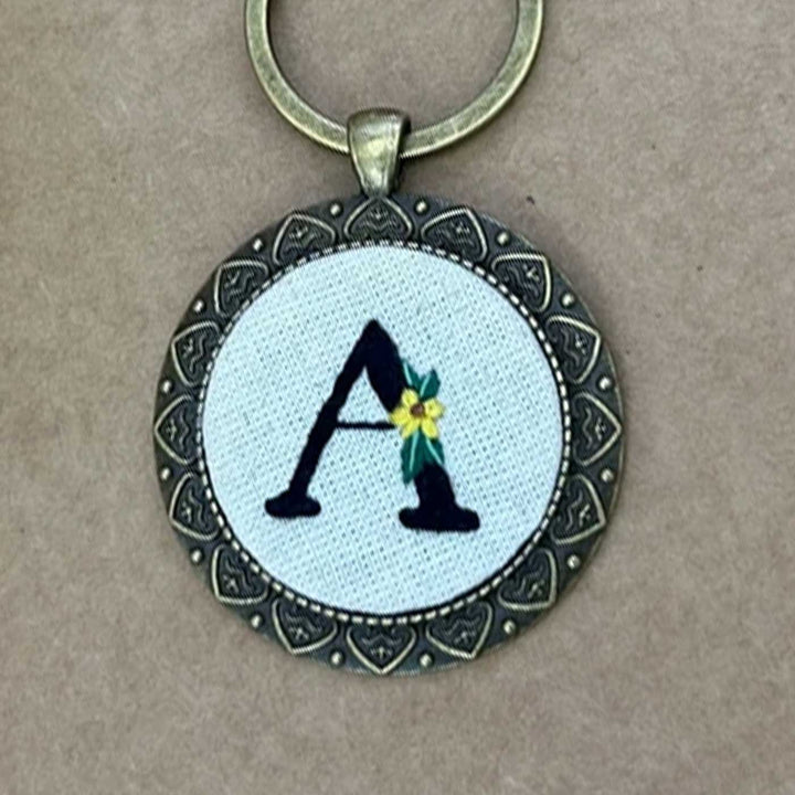 Personalized Handmade Embroidered Monogram And Flowers Metal Keychain