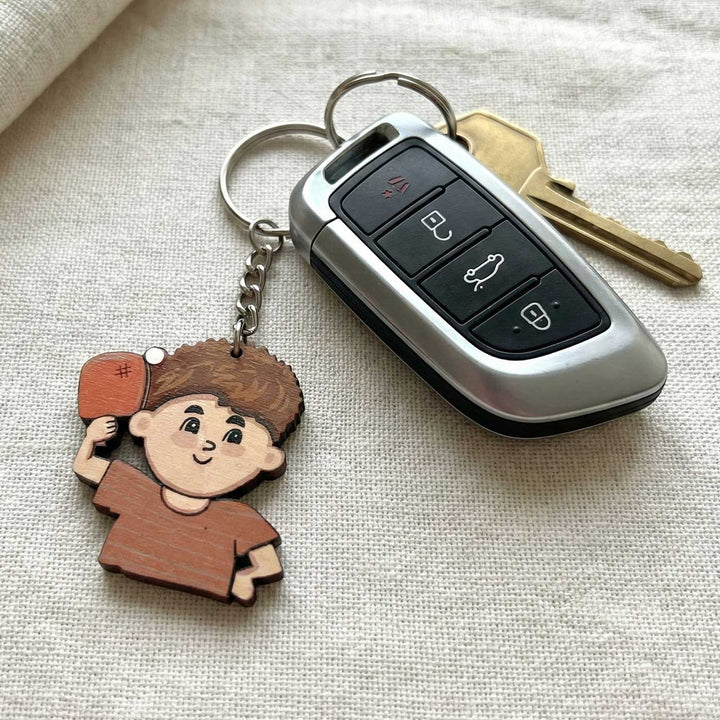 Printed Hand-Illustrated Pickle Ball Player MDF Wood Key Chain/Bag Charm