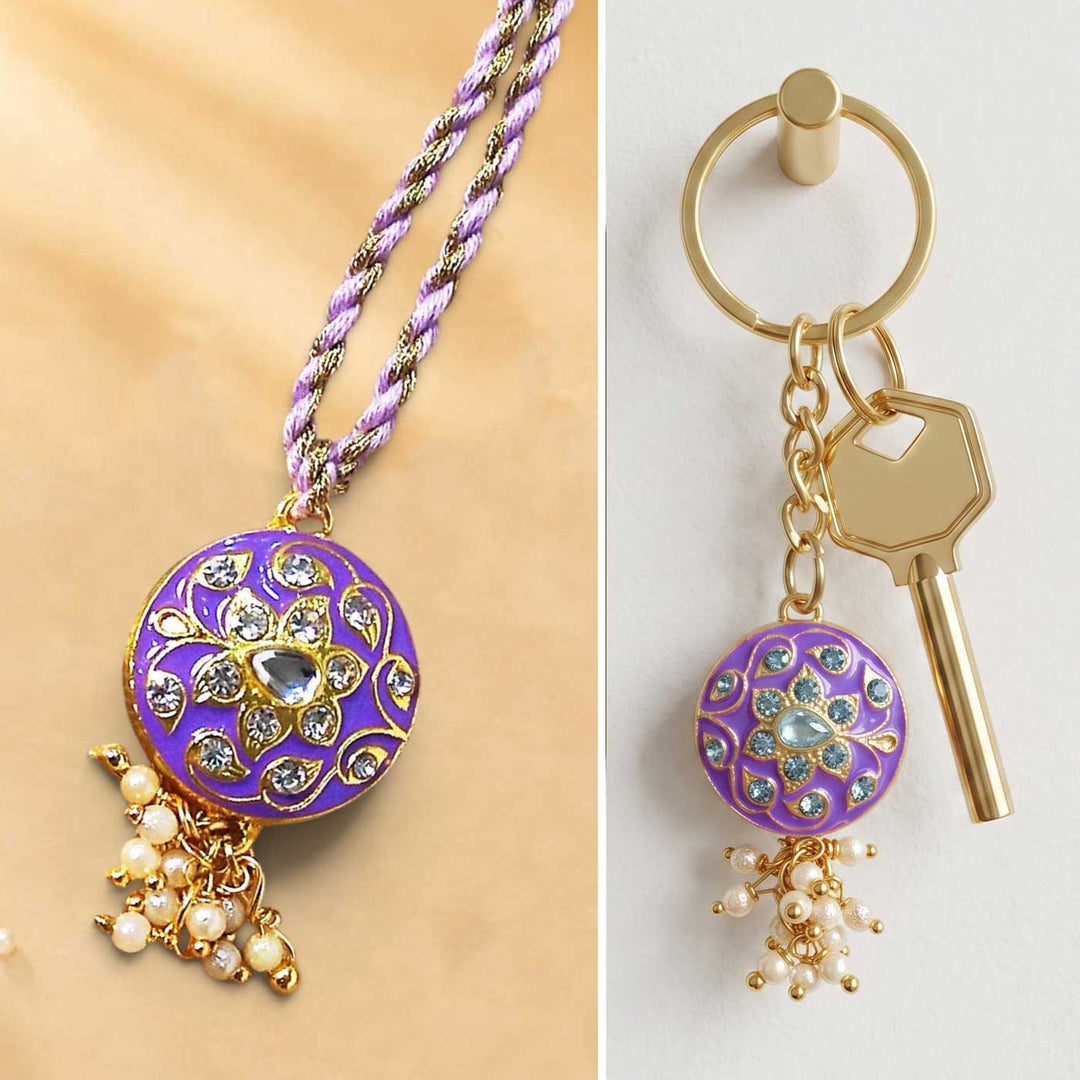 Handmade Meenakari Purple Buta Brass Bhaiya Bhabhi Rakhi With Roli Chawal