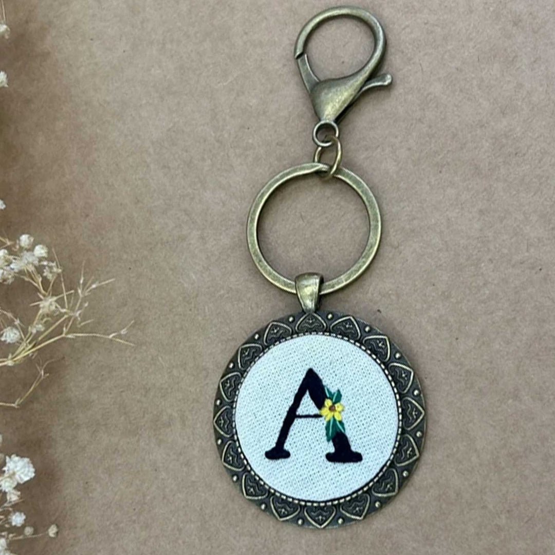 Personalized Handmade Embroidered Monogram And Flowers Metal Keychain