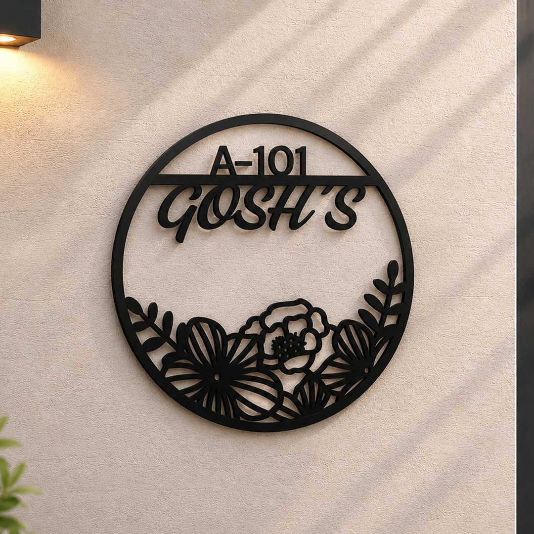 "Floral Halo" Round Personalized Weatherproof Stainless Steel Name Plate For Home