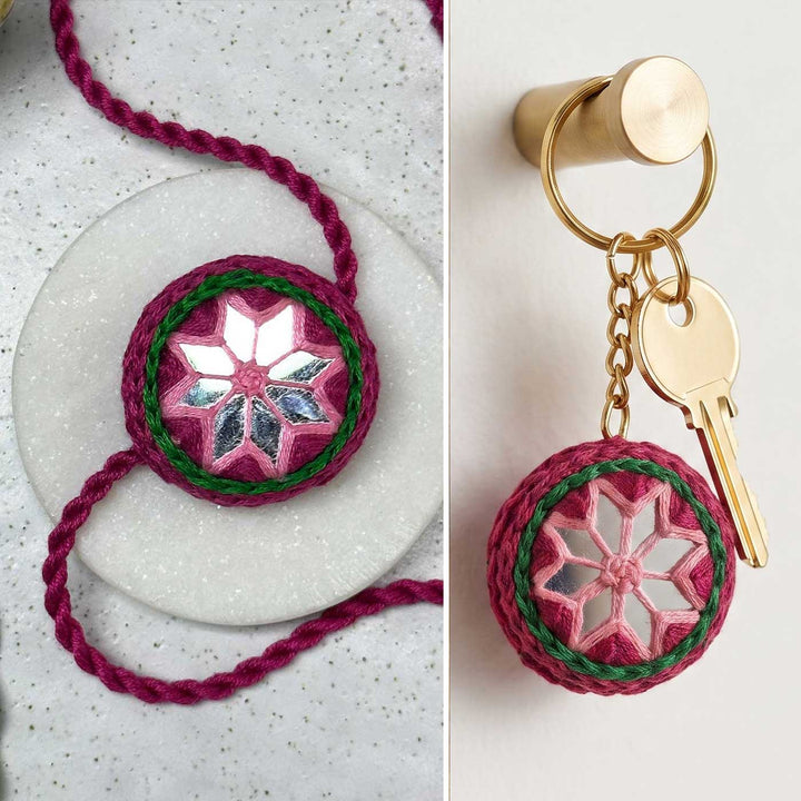 Customized Handmade Mirror Work Cotton Rakhi With Roli Chawal