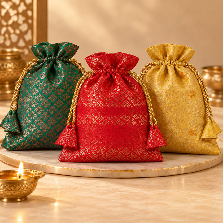 Set Of 3 | Zari Work Assorted Art Silk Drawstring Potli For Festive Gifting