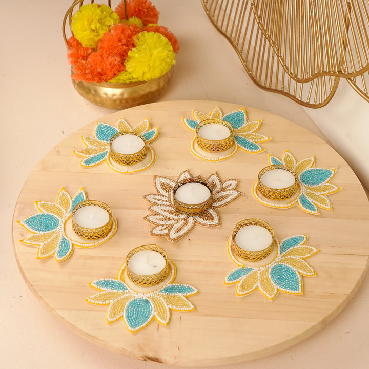 Handmade Beaded Blue & Golden Lotus Tealight Holders | Set Of 7