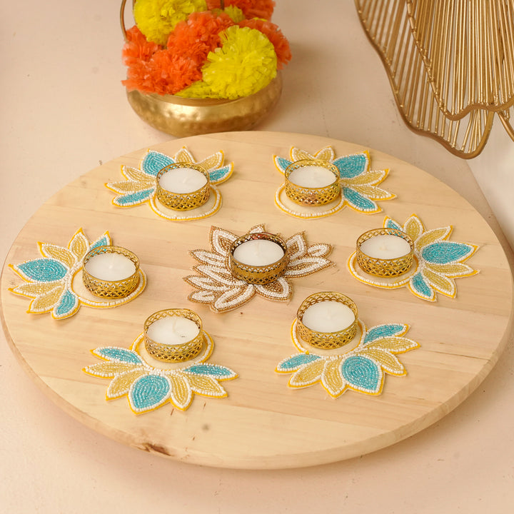 Handmade Beaded Blue & Golden Lotus Tealight Holders | Set Of 7