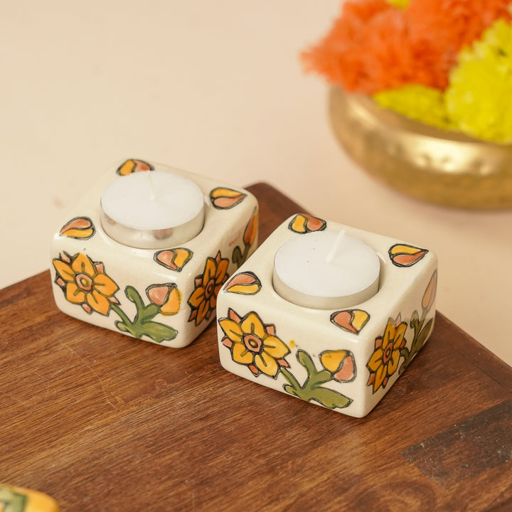 Hand-Painted Floral Theme Ceramic Tealight Holders | Set Of 2
