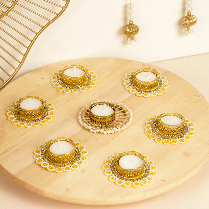 Handmade Beaded Yellow & White Tealight Holders | Set Of 7