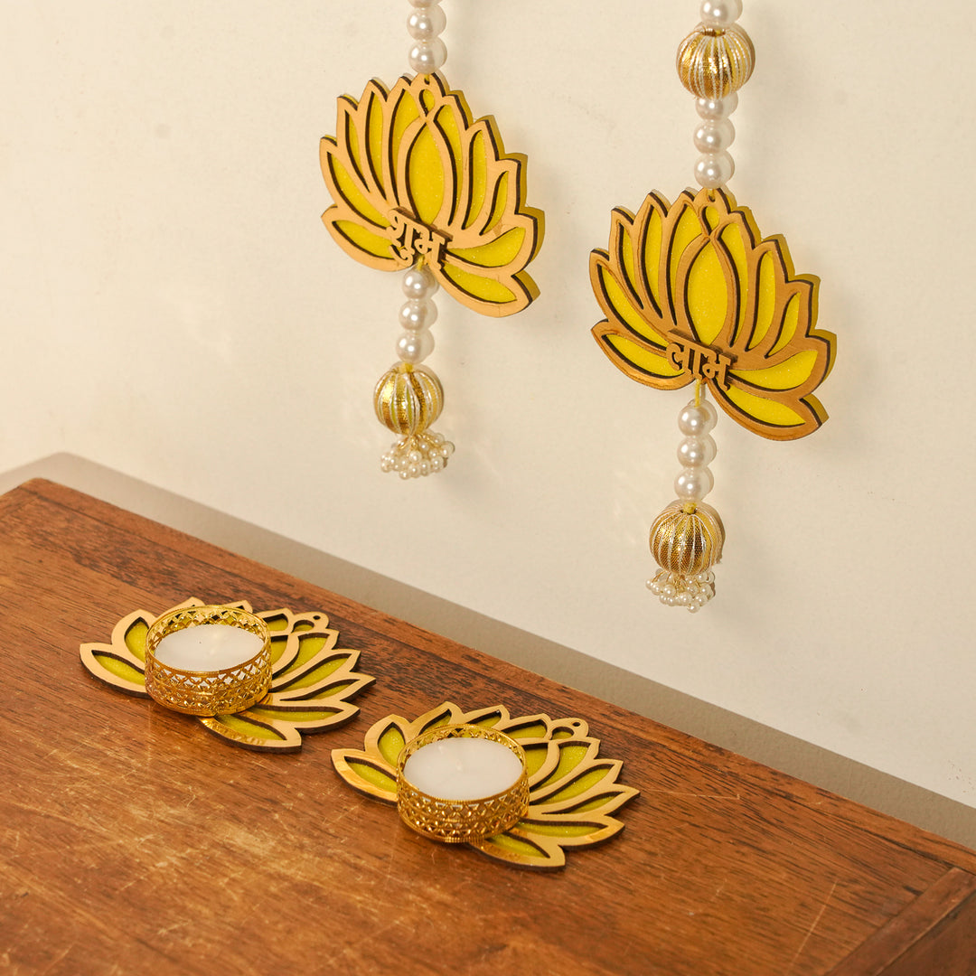 4pc Set | Handmade Gota Patti Yellow Lotus Diwali Decor | 2 Hangings + 2 Tealight Holders