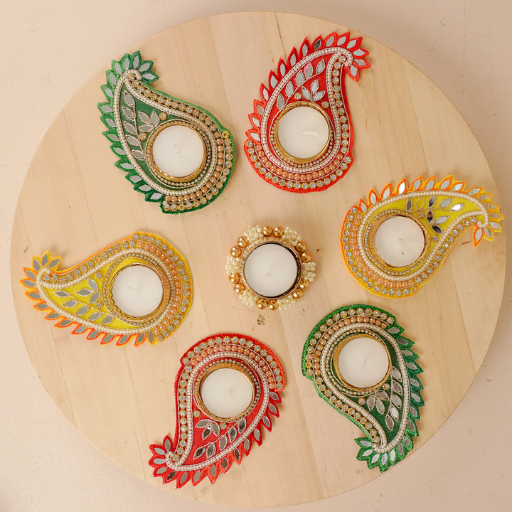 Handmade Multicolor Paisley Tealight Holders | Set Of 7