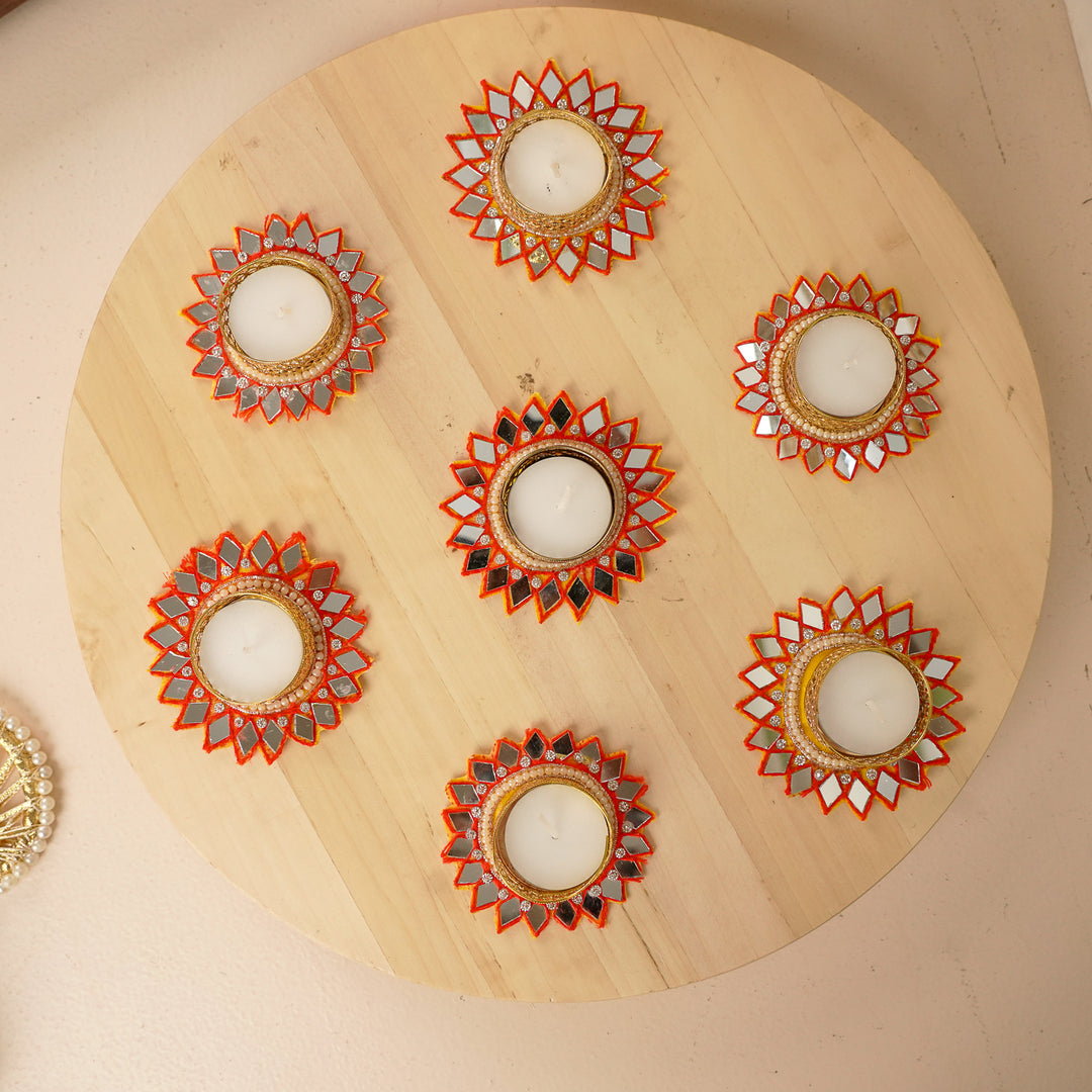 Handmade Mirror Work Red Tealight Holders | Set Of 7