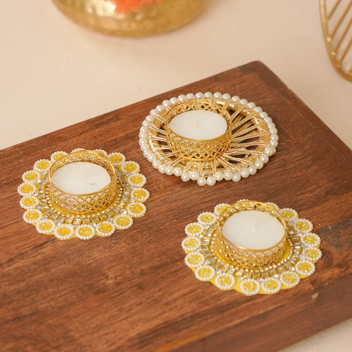 Handmade Beaded Yellow & White Tealight Holders | Set Of 7