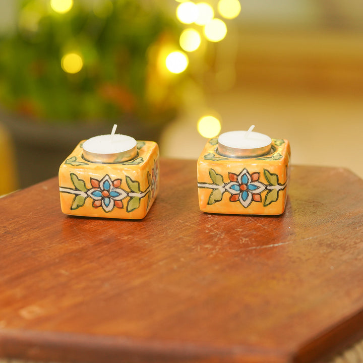 Set of 10 | Hand-Painted Floral Theme Ceramic Tealight Holders
