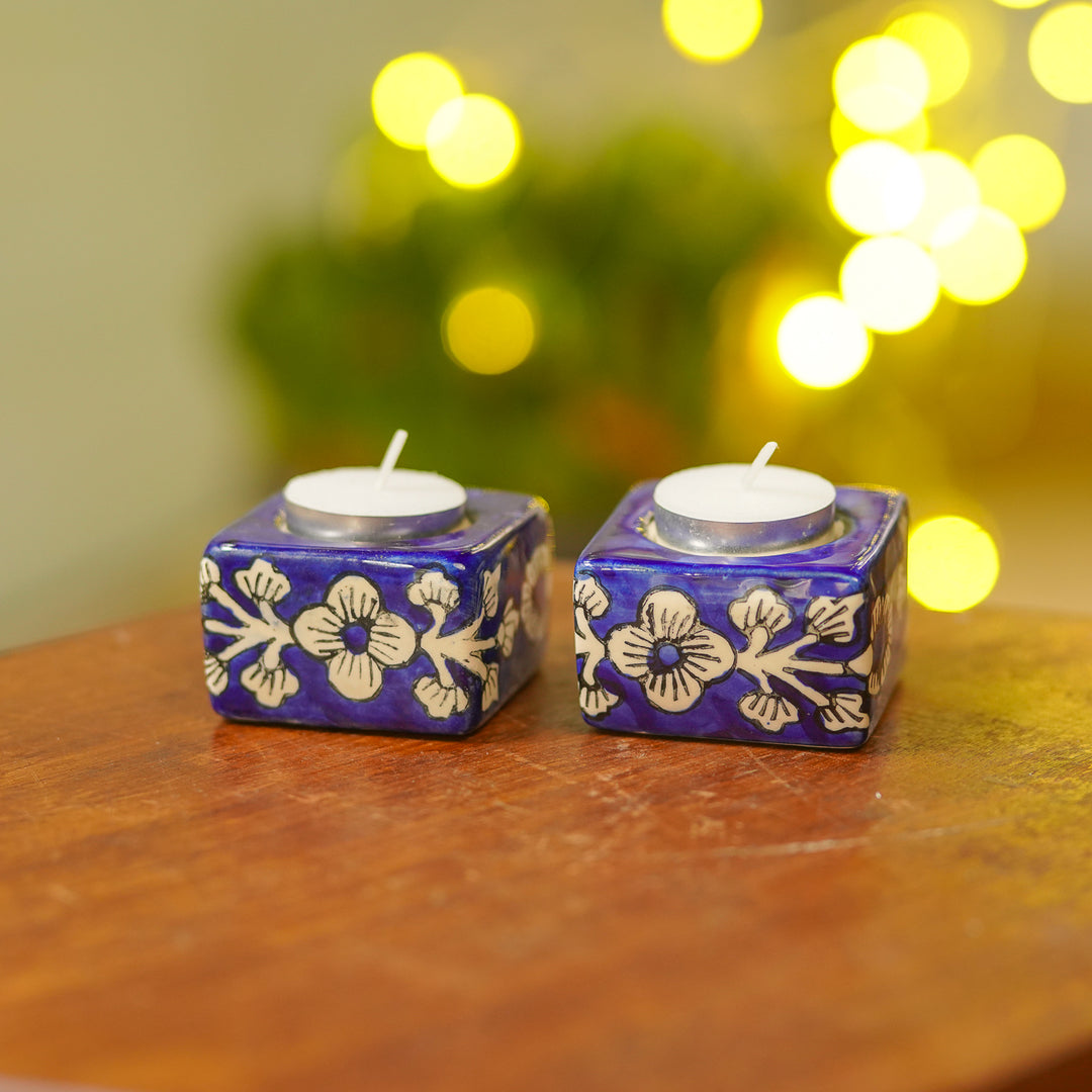 Hand-Painted Floral Theme Ceramic Tealight Holders | Set Of 2