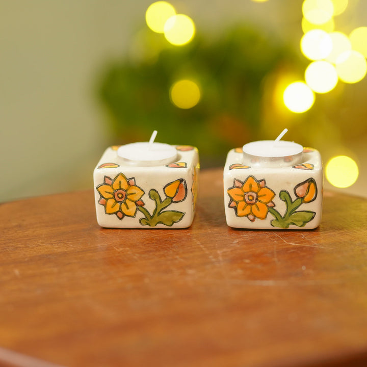 Set of 10 | Hand-Painted Floral Theme Ceramic Tealight Holders