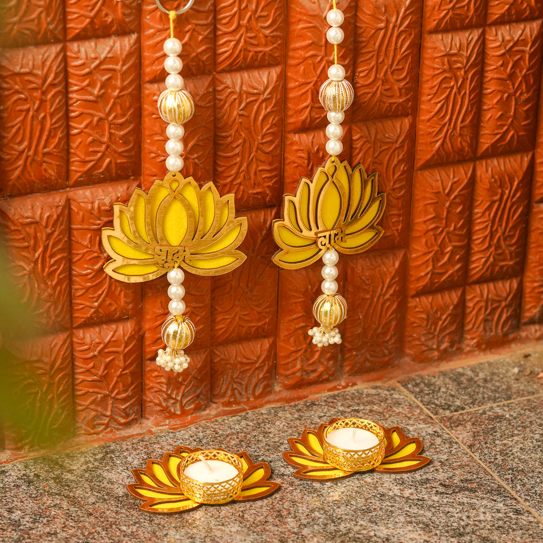 4pc Set | Handmade Gota Patti Yellow Lotus Diwali Decor | 2 Hangings + 2 Tealight Holders