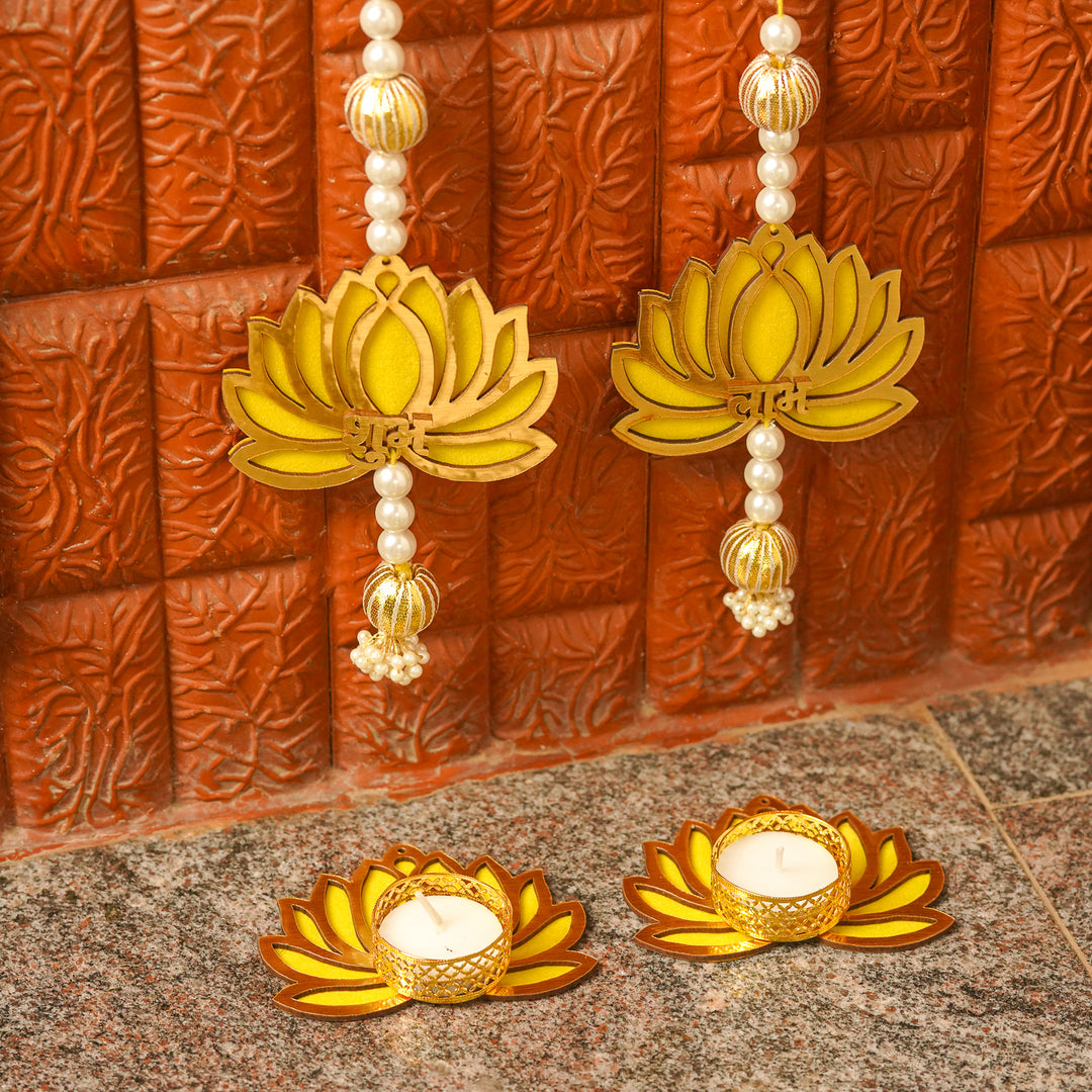 4pc Set | Handmade Gota Patti Yellow Lotus Diwali Decor | 2 Hangings + 2 Tealight Holders
