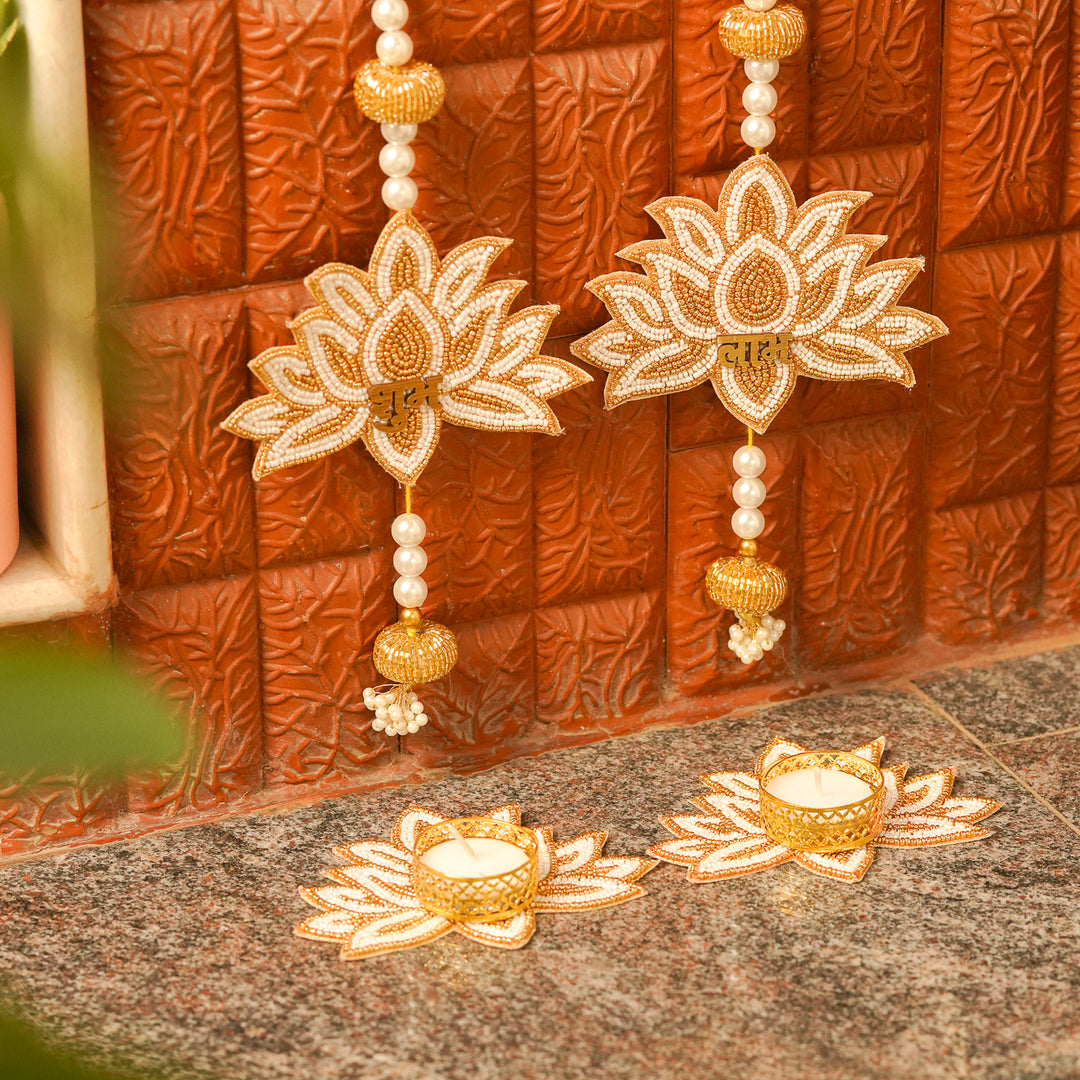 4pc Set | Handmade Beaded White & Golden Lotus Diwali Decor | 2 Hangings + 2 Tealight Holders