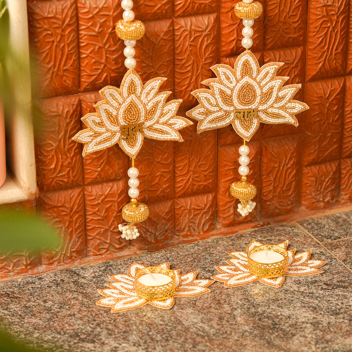 4pc Set | Handmade Beaded White & Golden Lotus Diwali Decor | 2 Hangings + 2 Tealight Holders