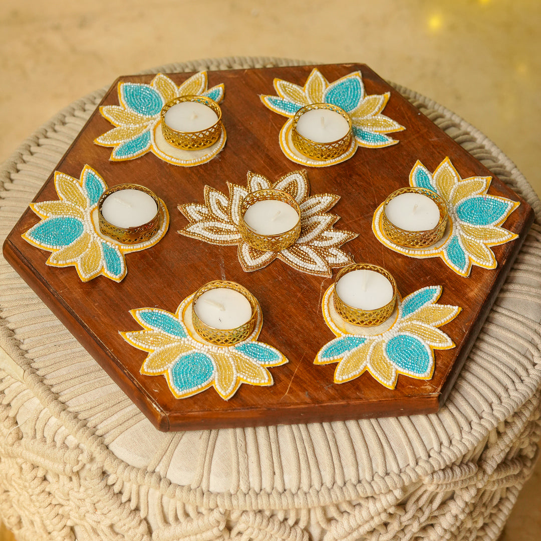 Handmade Beaded Blue & Golden Lotus Tealight Holders | Set Of 7