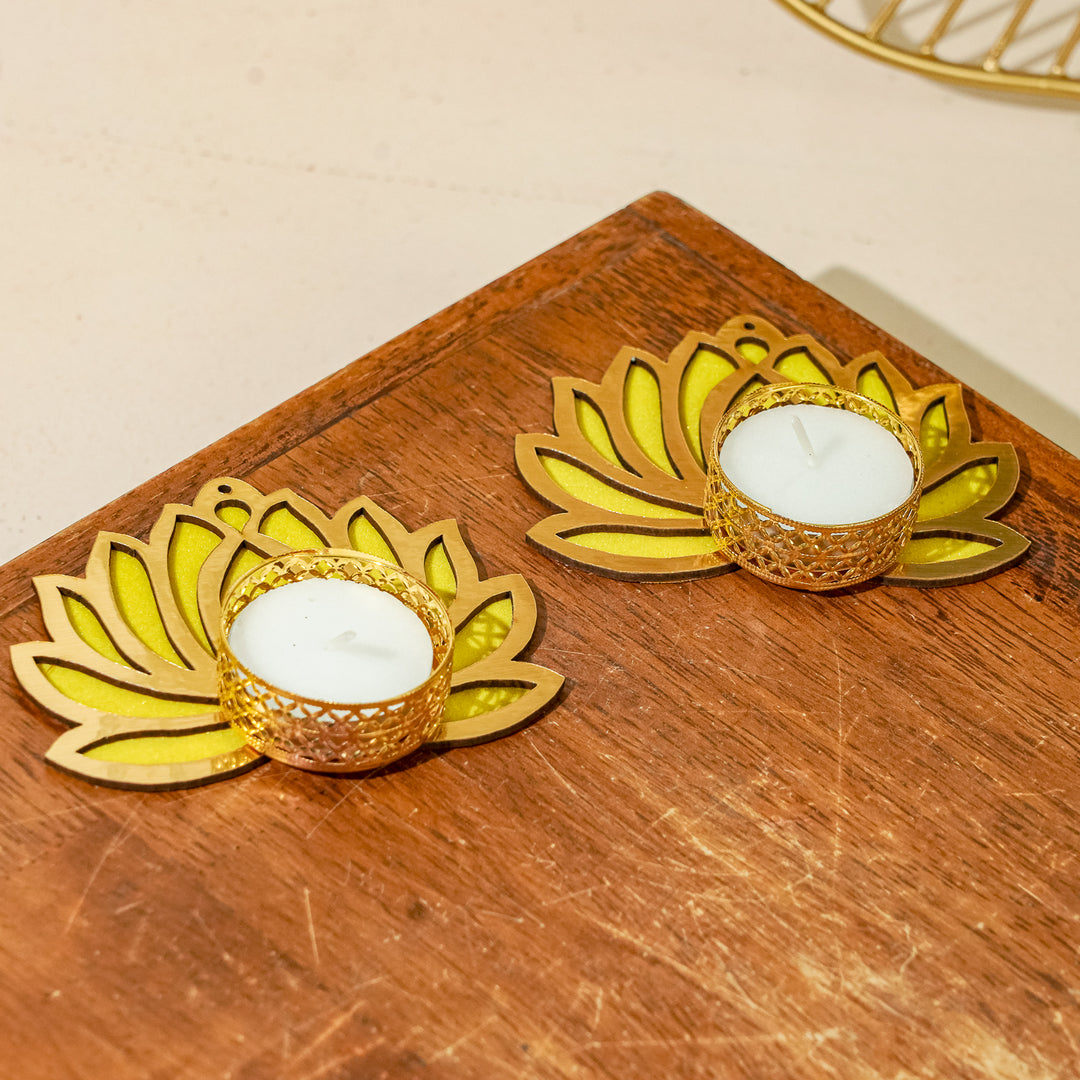 4pc Set | Handmade Gota Patti Yellow Lotus Diwali Decor | 2 Hangings + 2 Tealight Holders