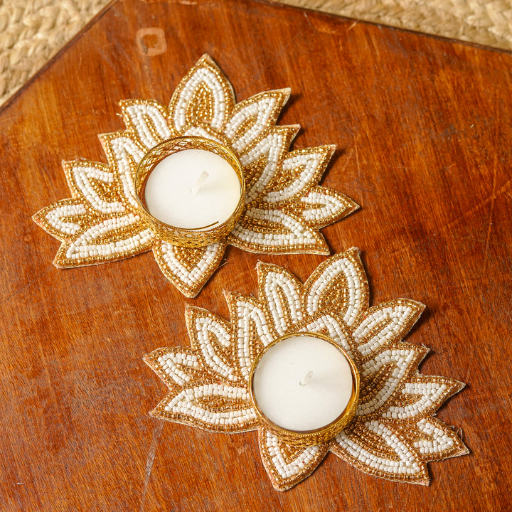 4pc Set | Handmade Beaded White & Golden Lotus Diwali Decor | 2 Hangings + 2 Tealight Holders