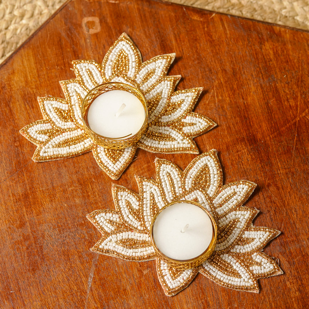 Handmade Beaded White & Golden Lotus Tealight Holders | Set Of 2