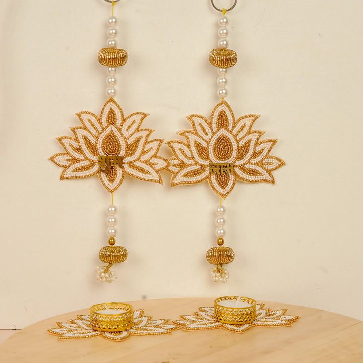 4pc Set | Handmade Beaded White & Golden Lotus Diwali Decor | 2 Hangings + 2 Tealight Holders