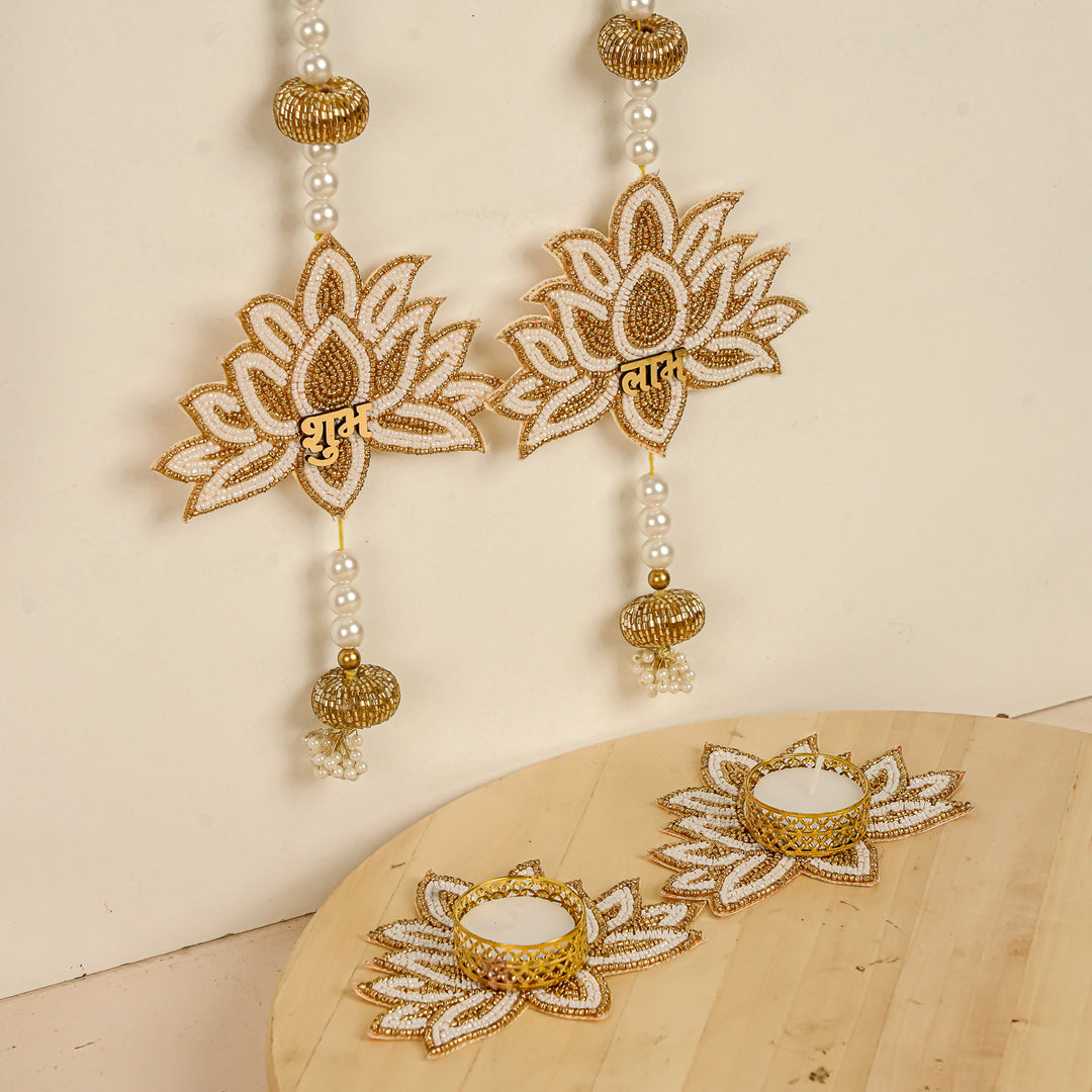 4pc Set | Handmade Beaded White & Golden Lotus Diwali Decor | 2 Hangings + 2 Tealight Holders