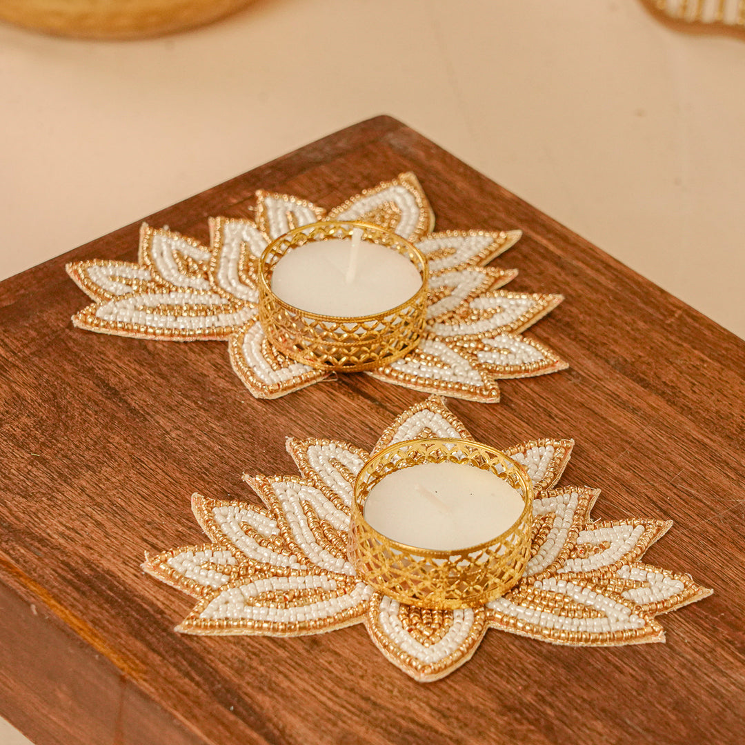 Handmade Beaded White & Golden Lotus Tealight Holders | Set Of 2