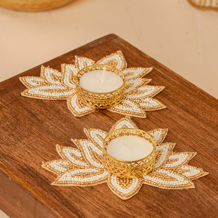 Handmade Beaded White & Golden Lotus Tealight Holders | Set Of 2