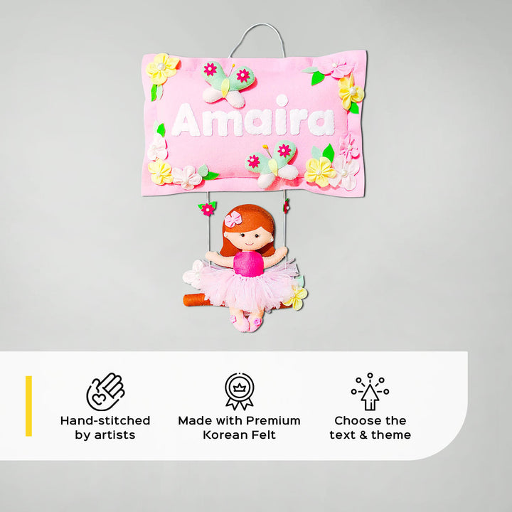 Hand-stitched Pillow & Swing Theme Felt Kids Name Plate for Siblings