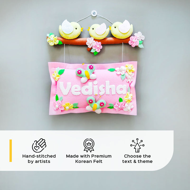 Hand-stitched Pillow & Bird Themed Felt Kids Nameplate with Swing