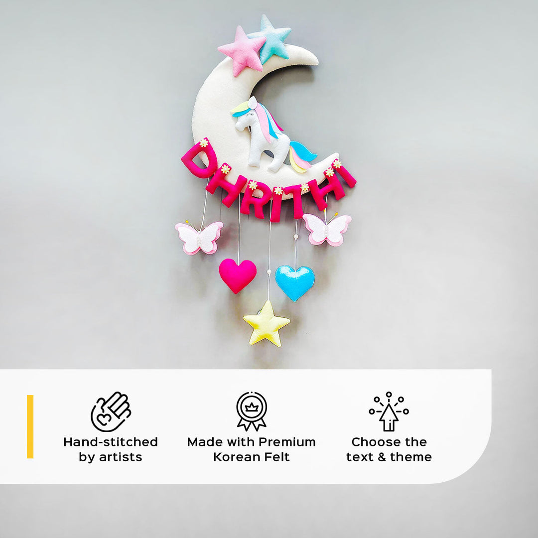 Hand-stitched Unicorn Themed Felt Nameplate - Zwende