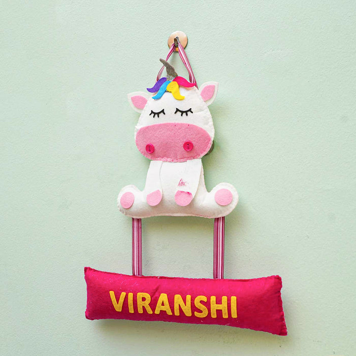 Personalized Handmade Unicorn Theme Felt Name Plate - Hanging Front View with Name Personalization