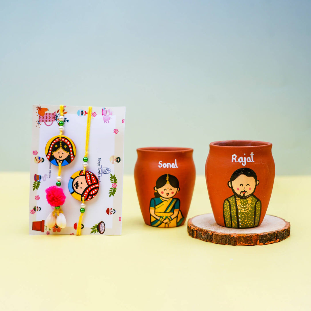 Photo Personalized Terracotta Caricature Kulhad & Rakhi Set