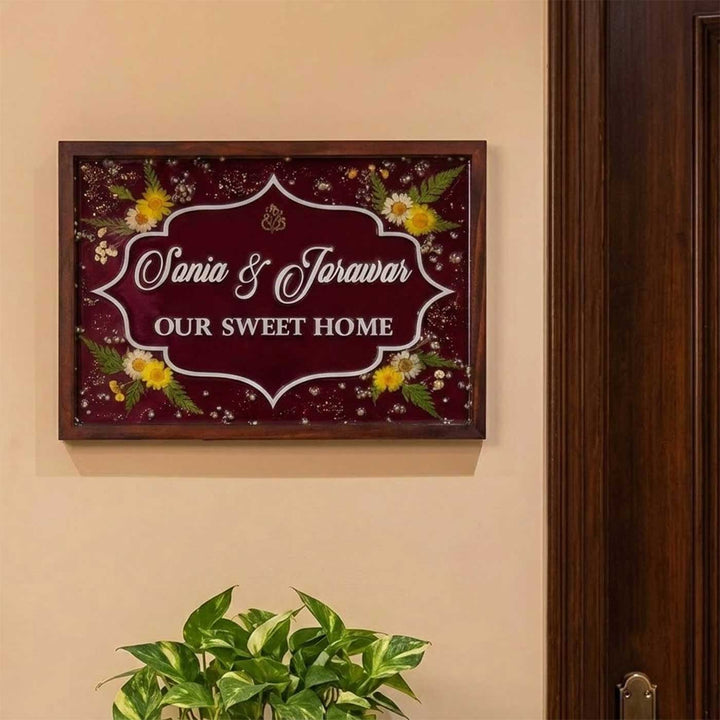 Personalized Floral Elegance Wooden Frame Resin Name Plate