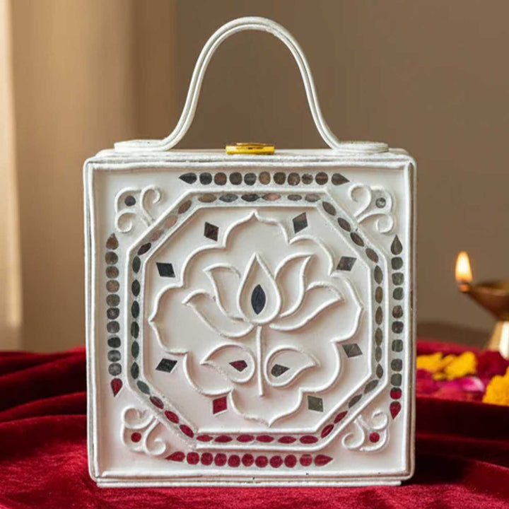 Handcrafted Mini White Lotus Lippan Art Box Bag